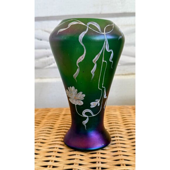 Antique 1910 Poschinger Nouveau Bohemian Green Purple Glass Vase - Picture 13 of 16